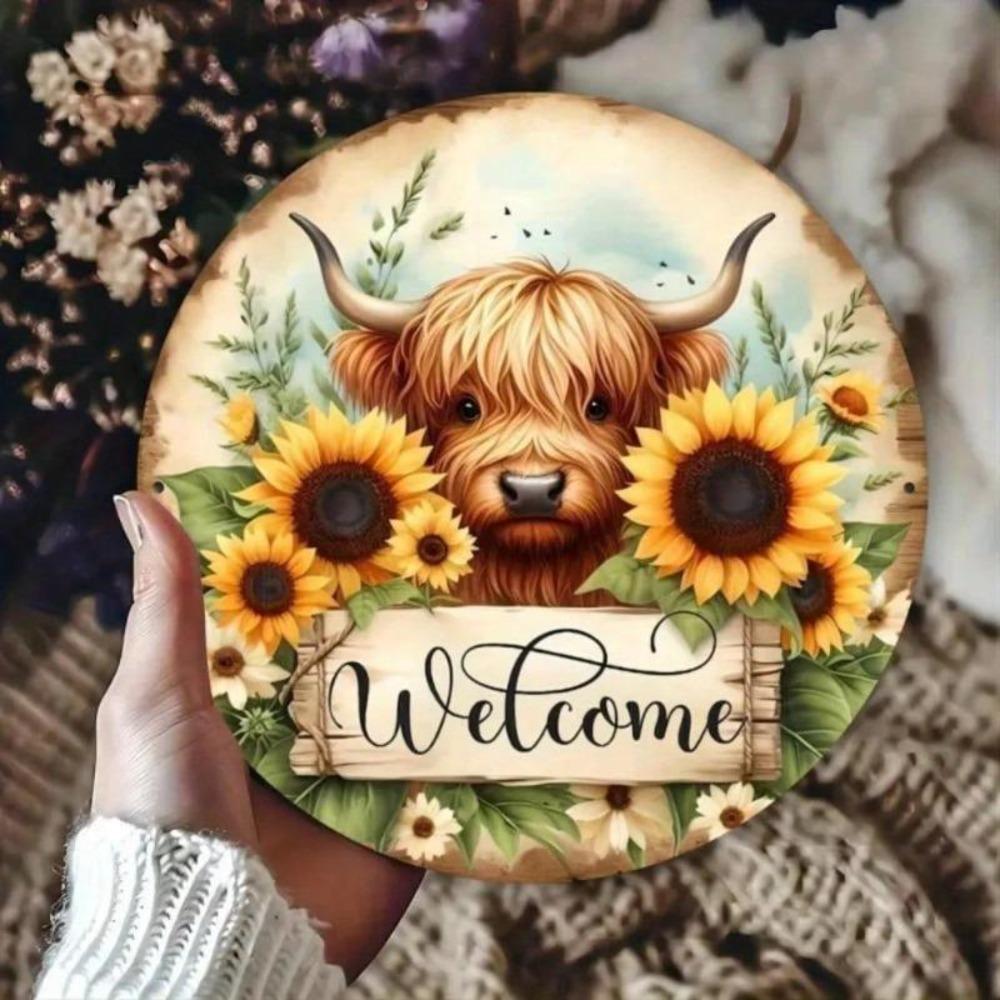 Welcome Sign High Cow Sunflower Vintage Metal Wall Art Decor Gift