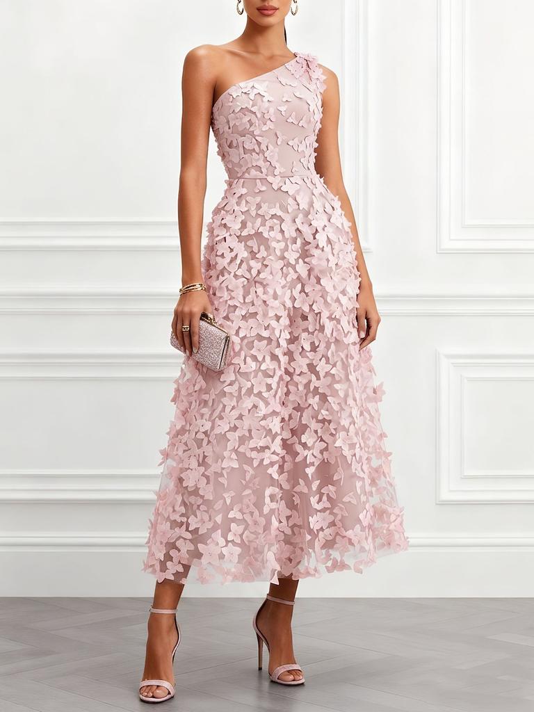 Summer new European and American style one-shoulder three-dimensional flower dress women's holiday style waist thin medium and long dress