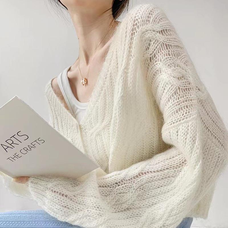 Mohair Gentle Wind V-neck Twist Knitted Cardigan Women Lazy Loose Casual Thin Short Long-sleeved Sweater Women