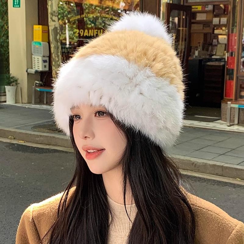 Rabbit Fur Hat Thickened Fluffy Hat Cold-proof and Warm Ear Protection Hat Plush Knitted Hat Headgear Bucket Hat Female