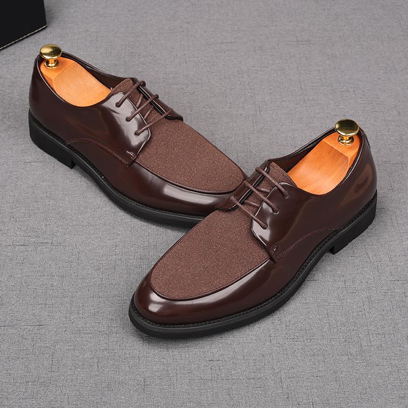 Fashion Luxury Men's Lace Up Suede Patent Leather Mixed Business Flats Shoes Male Designer Homecoming Wedding Dress Footwear