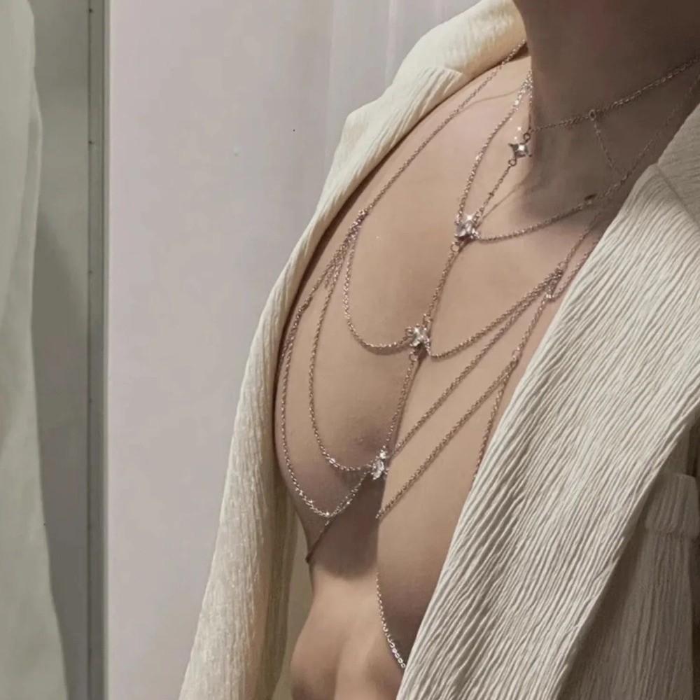 Sexy Rhinestone Bust Chain Multilayer Bikini Chest Chain Body Jewelry Silver Body Chain  Party