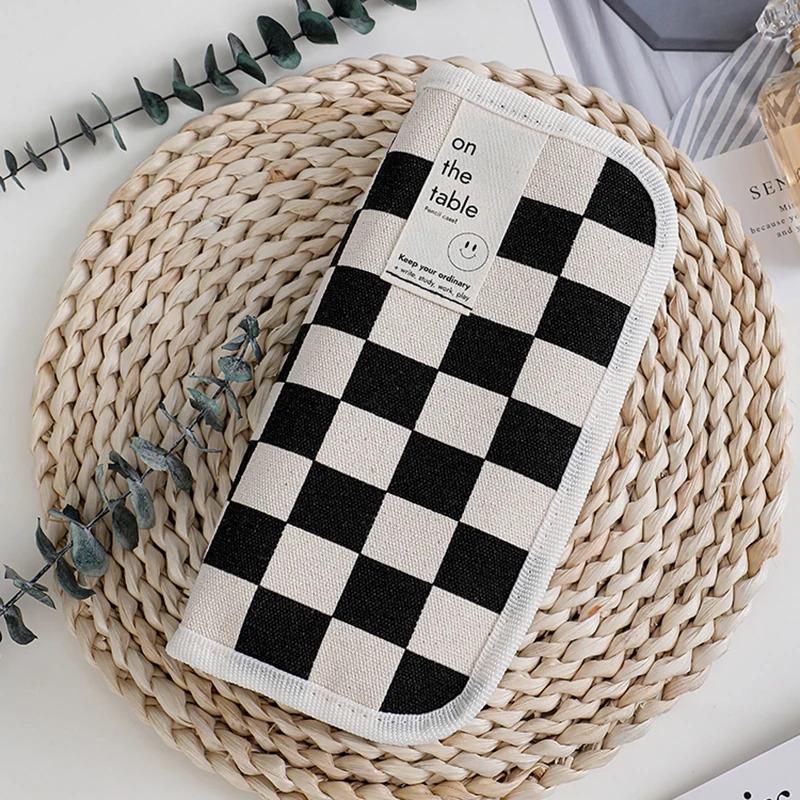 Kawaii Aesthetic Simple Black White Plaid Canvas Pencil Case Student School Stationery Bag