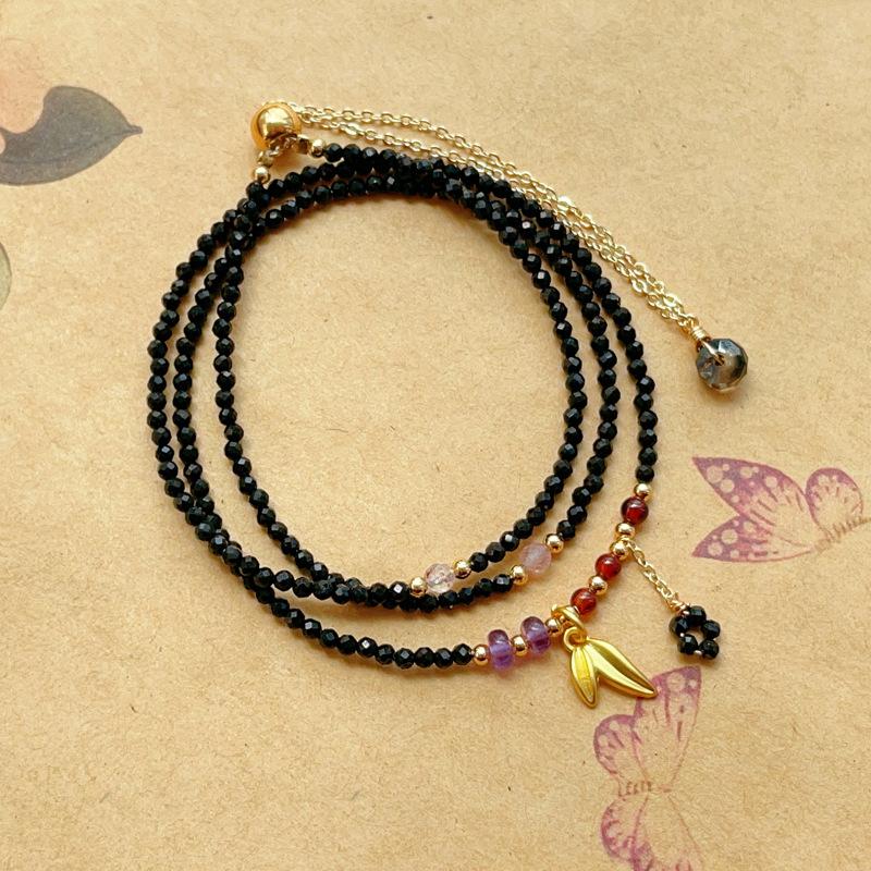 Zwarte toermalijn, zwarte spinel, zwarte toermalijn, originele armband met drie cirkels, verstelbare armband.