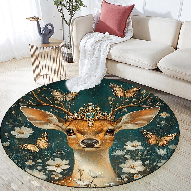 Deer with Flowers Round Area Rug,Carpet Rug for Living Room Bedroom Sofa Playroom Decor,Non-slip Floor Mat
