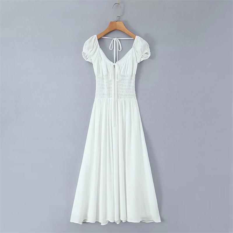 2026 Chic Lace Puff Sleeve Retro V-Neck Backless Evening Dress