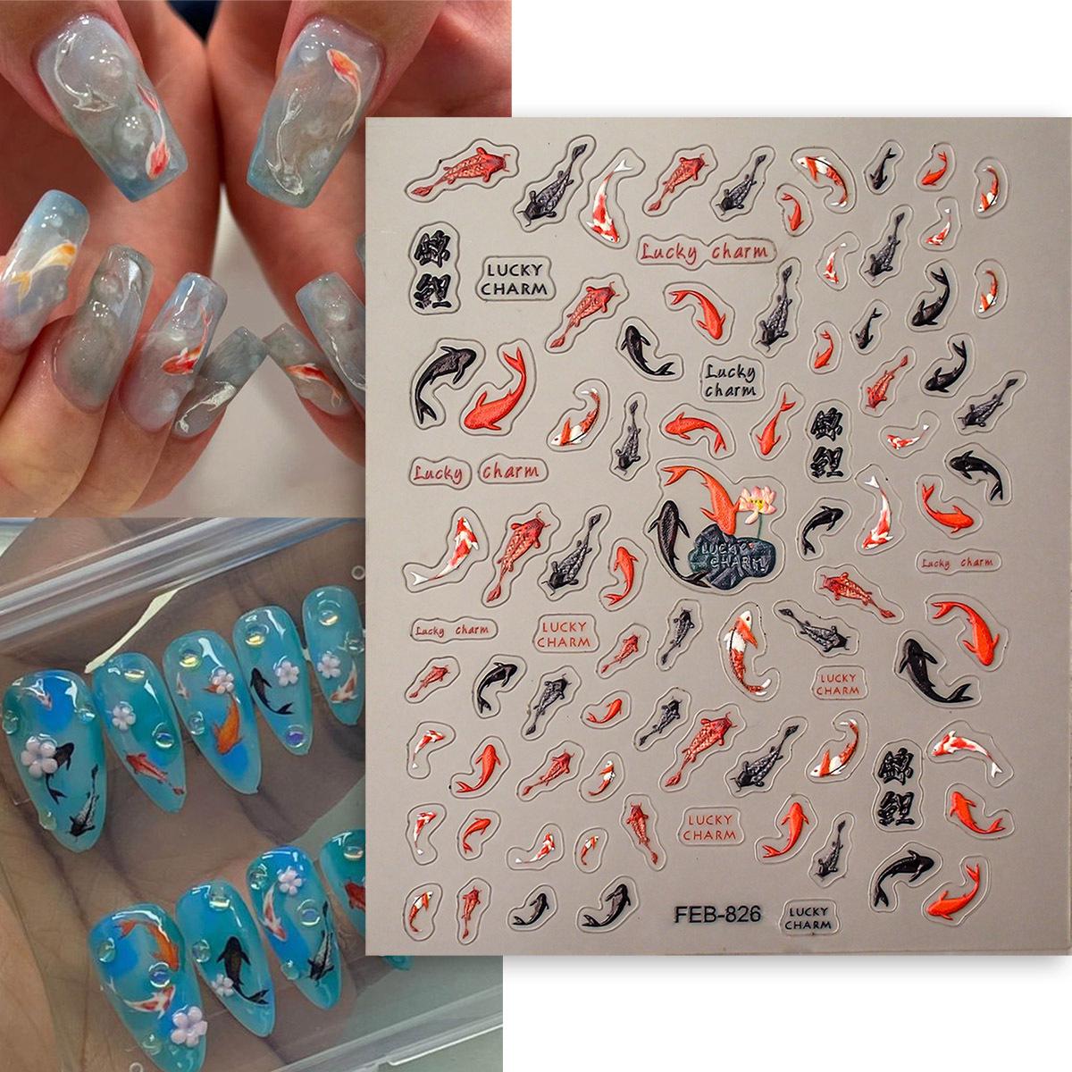 Xiaohongshu Lucky Koi 5D Embossed Waterproof Nail Stickers