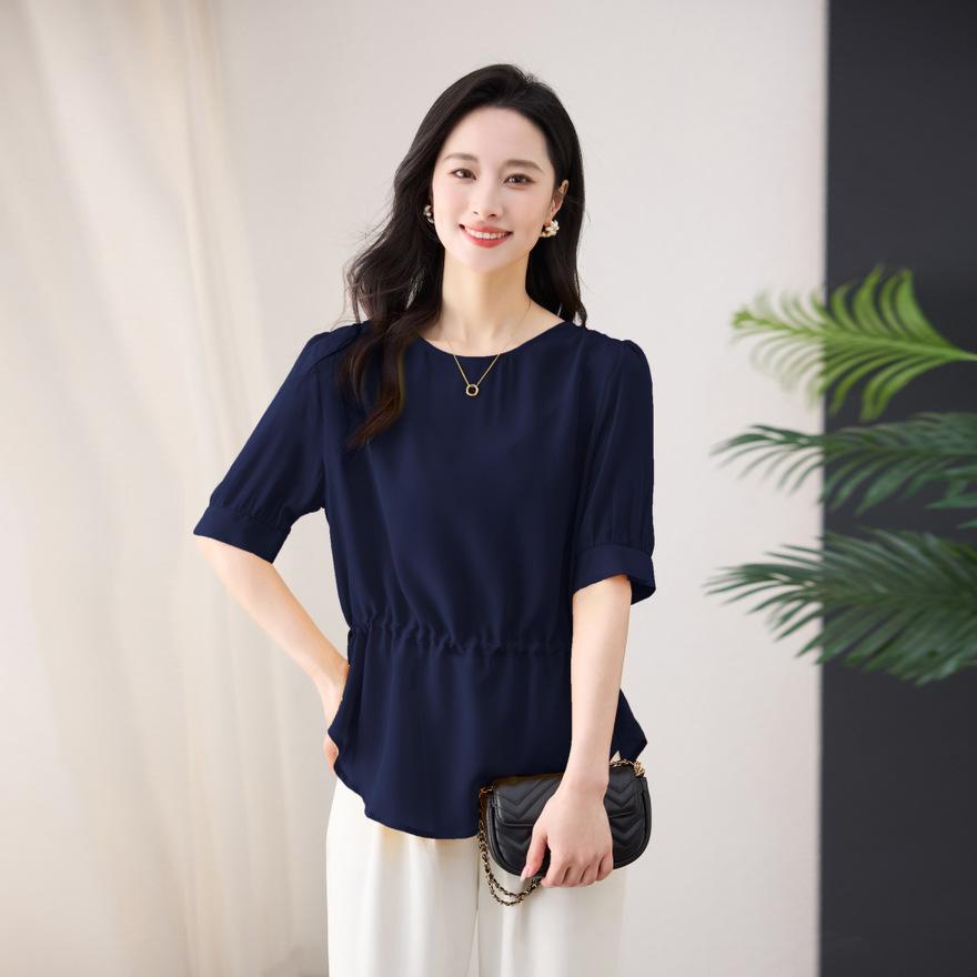 

Трендовая брендовая шелковая рубашка женская летняя новая топ из шелка-тутового шелкопряда с талией и тонким темпераментом рубашка с коротким рукавом XXXL тёмно-синий