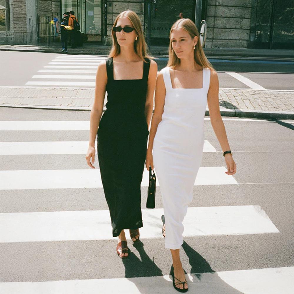 Simple solid color square neck suspender dress European and American summer new slim cotton and linen long dress