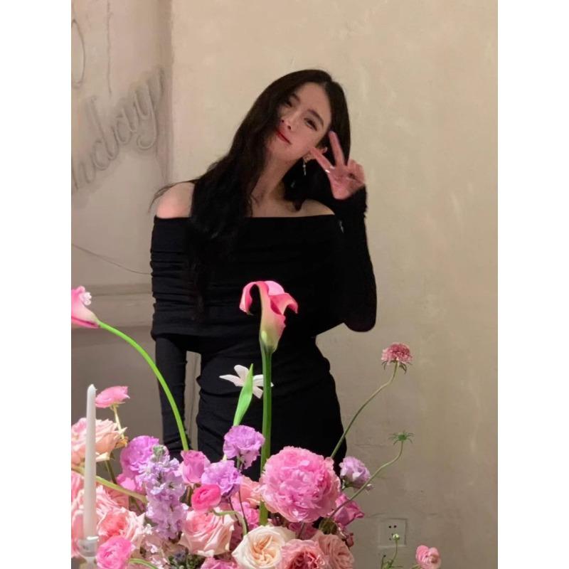 

Черное платье с открытым плечом, женское весеннее, для вечеринки по случаю дня рождения, высококлассное, с темпераментом, приталенное, тонкое, вязаное платье с открытыми плечами XL чёрный