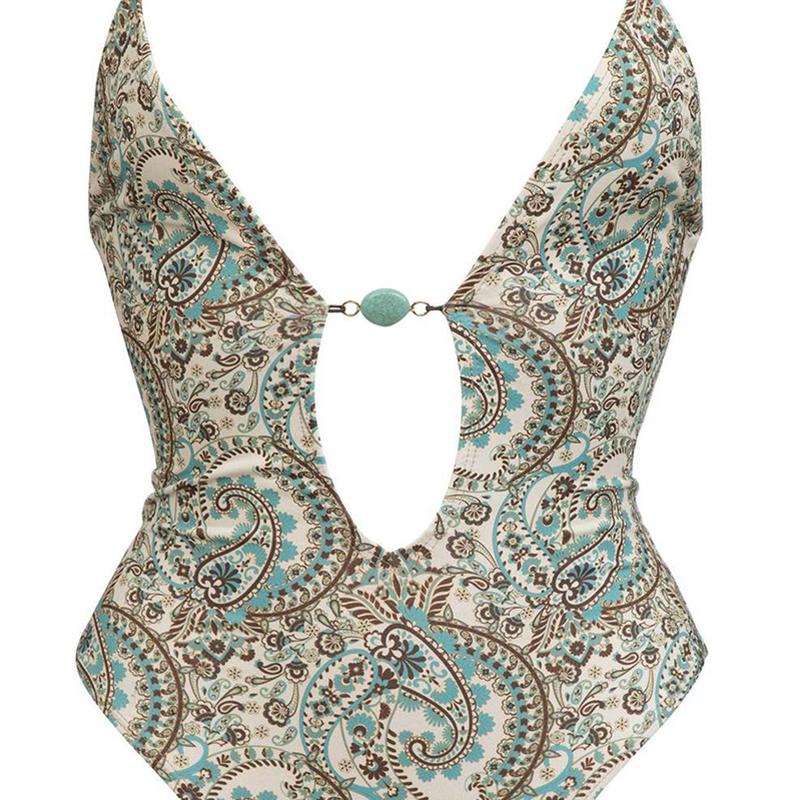 New Sexy Retro Prints One Piece Bikini Swimsuit Deep-V Lace-up Women Bikini Set Swimwear Bathing Suit