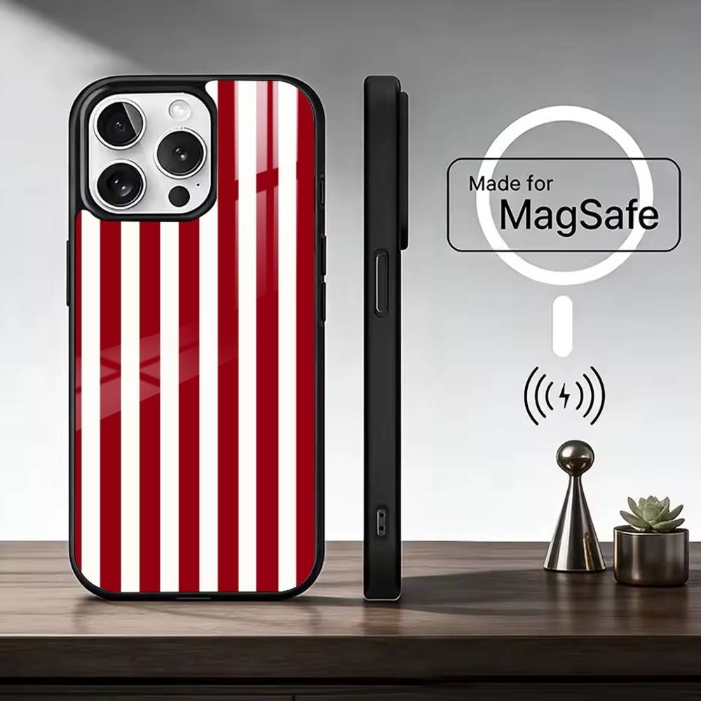 Burgundy White Stripe Phone Case For iPhone17,16,15,14,13,12,11 Plus,Pro Max Magnetic For Magsafe Wireless Charging iPhone12PROMAX