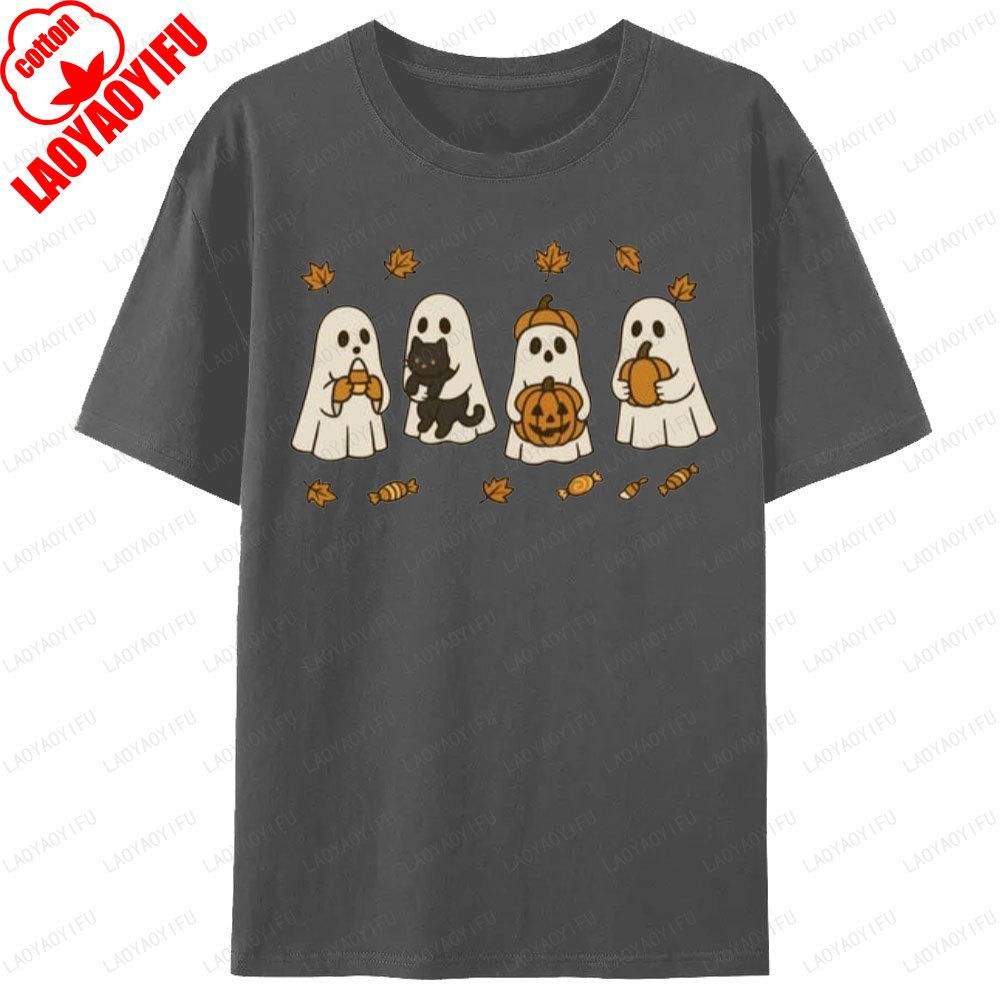 Spooky Season Ghost Cat Pumpkin Halloween Graphic T Shirts Unisex Clothes Unisex Clothing Street Fashion Crewneck Tops TShirt Gift