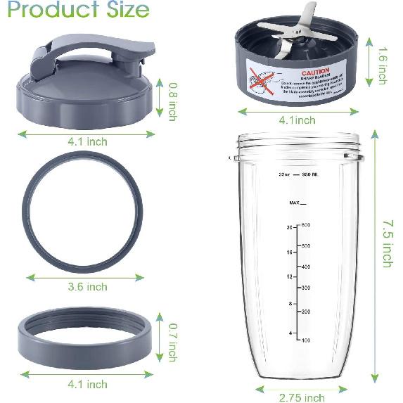 7 Pieces Nutribullet Blender Cups & Blade Replacement Set 32oz Huge Cup with 1 Flip-Top To-Go Lid and 1 Lid Ring & Premium Extractor Blade with