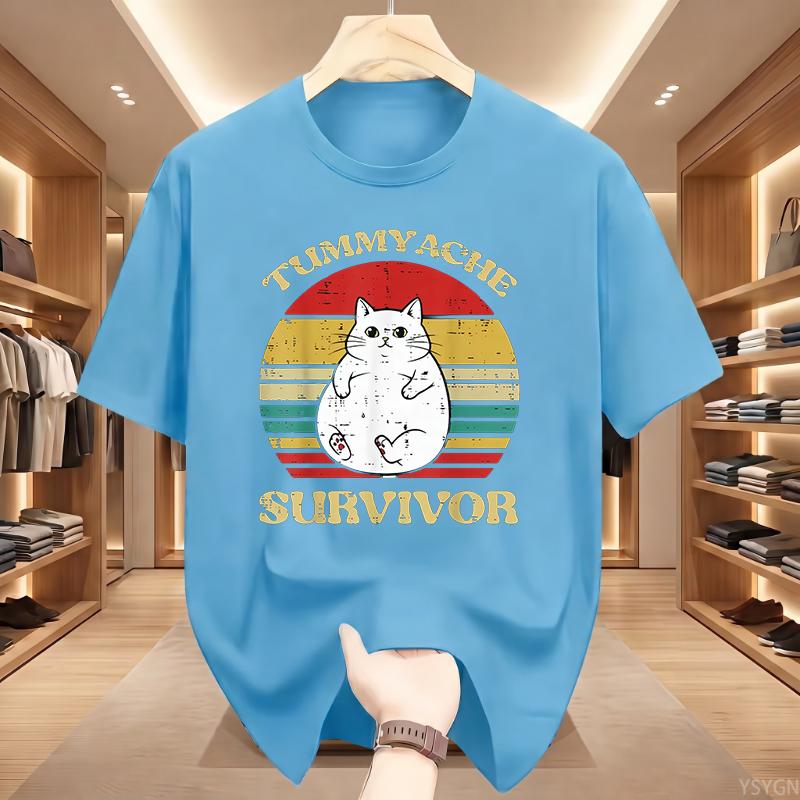 Ladies Funny Cat Tee Tummyache Survivor Printed Short Sleeve Casual Summer Top for Retro Style Lovers Clothing