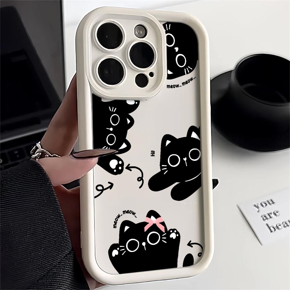 Cute Black Cat Bow Pattern Design Protective Cover for iPhone 17 16 15 14 13 12 11 16E Series Pro Max Plus