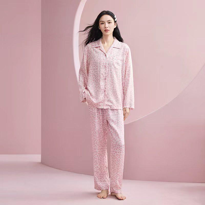 100% Tencel Lyocell Womens Pajama Set Pink Leopard Print Long Sleeve Lounge Wear Fall Home Sleep