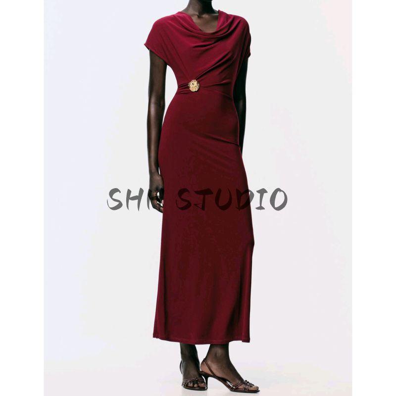 Autumn New Women's Clothing Draped Neckline Short Sleeve Silm Accessories Ruched Decoration Long Dress 1165461