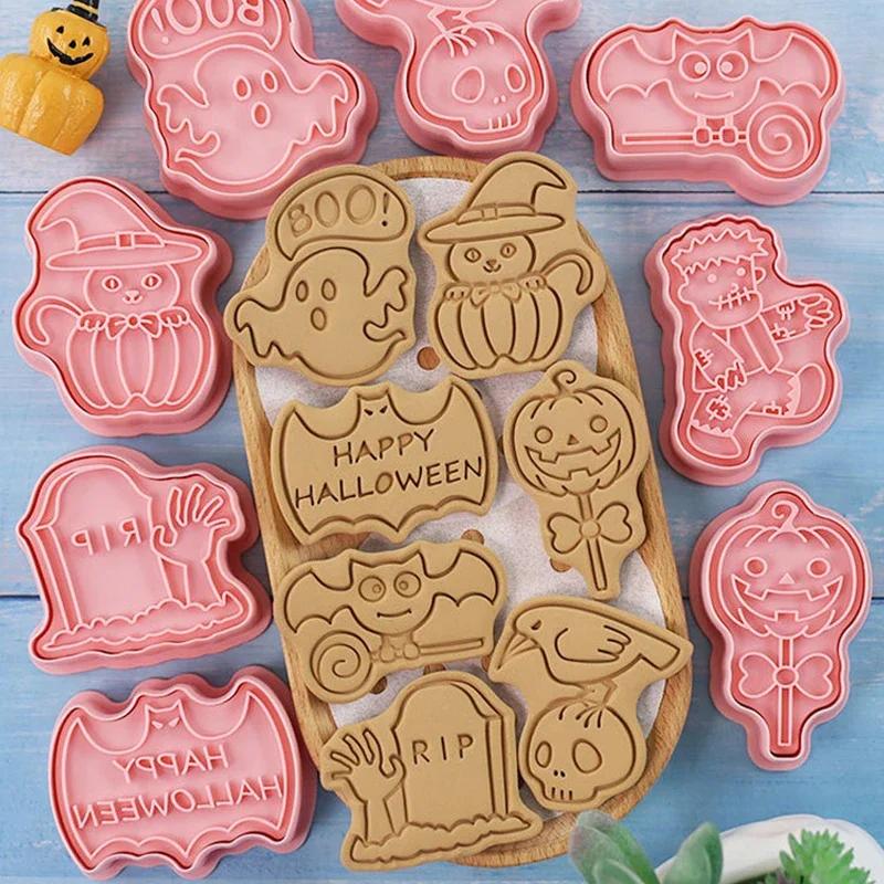 8Pcs Halloween Cookie Cutters 3D Pumpkin Ghost Skull Pressable Biscuit Mold Cookie Stamp Cake Decorating Tool Baking Accessories