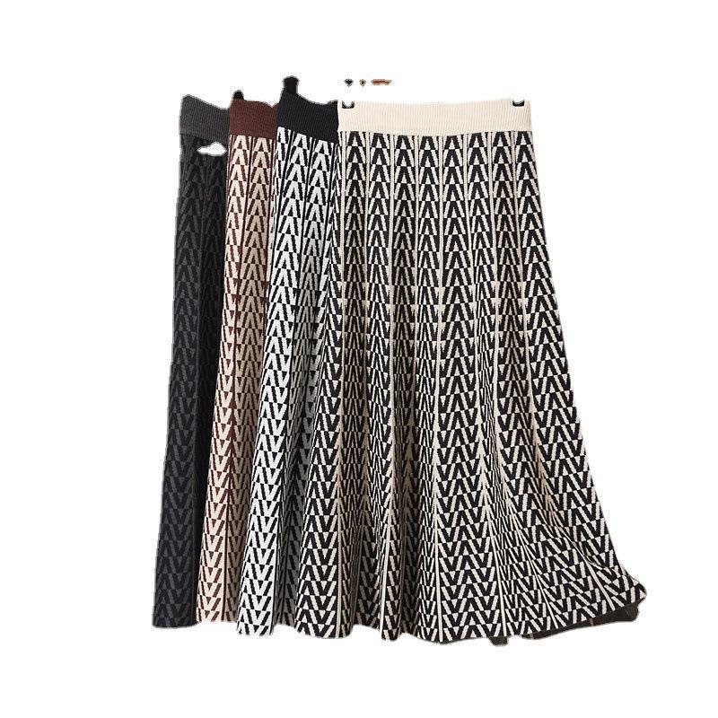 Striped Knitted Half Length Skirt for Women Autumn and Winter Thickened A-line Skirt High Waist Skirt