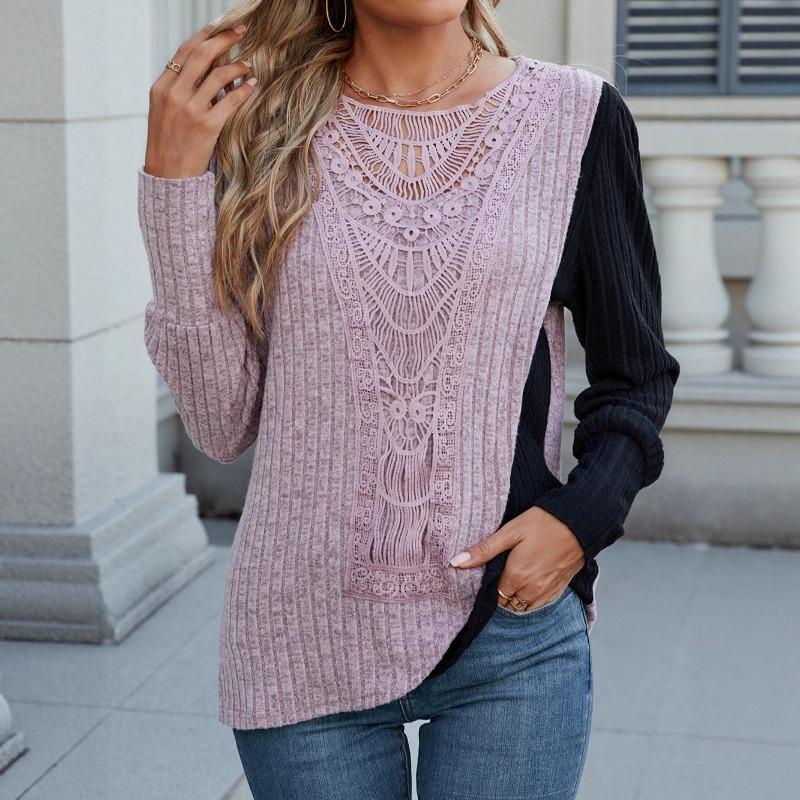 Autumn New Style Pit Striped Lace Stitching Contrasting Color Long-sleeved T-shirt Casual Pullover Top for Women S