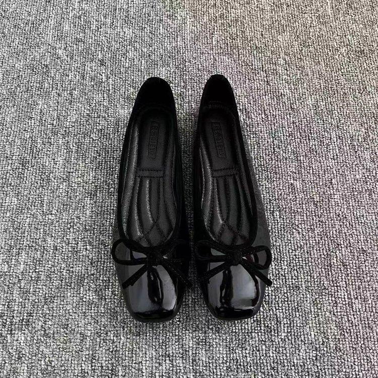 Shallow Single Shoes New Soft Bottom Flat Bottom Square Head Bow Red Women's Shoes Evening