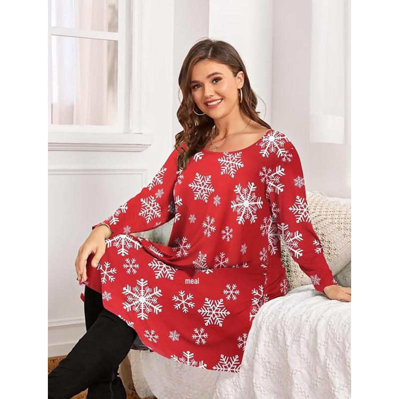 Women s Fashion Christmas Print Mid-Sleeve Plus Size Dress - European/American Style 4XL