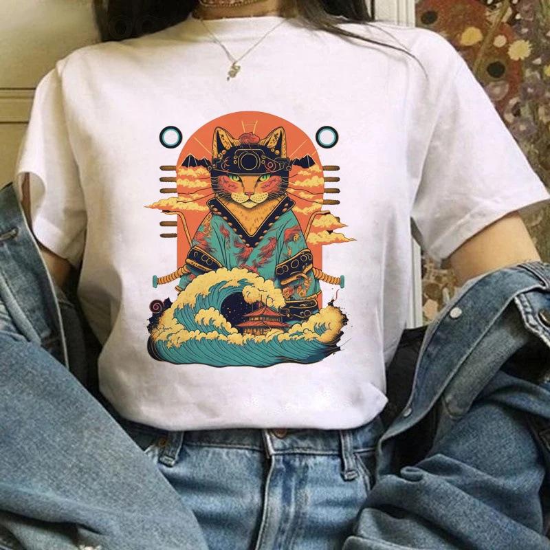 Verão Gola Redonda Estampado Top Moda Casual Bonito Manga Curta Camisetas Femininas de Algodão Puro