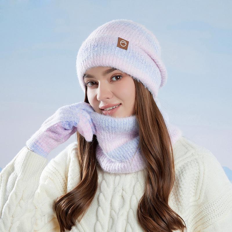 Hat Scarf Gloves Three-Piece Set Winter Outdoor Windproof Cold Warm Knitted Hat Women's Ear Guard Head Wool Hat