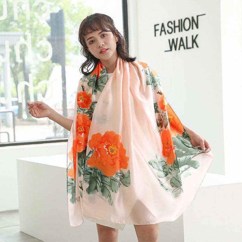 High Quality Elegant Women Silk Scarf Sarong Beach Wrap Long Shawl Satin Floral Print Bandana Hijab Mujer Scarve Foulard Pareo