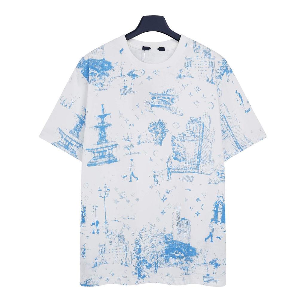 2026 Oversized tričko s potiskem monogramu, Celoplošný vzor, Lehké unisex tričko pro pár