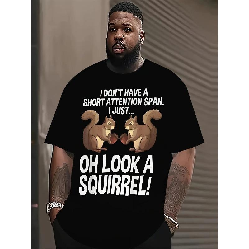 

European sizes Men S Funny Squirrel Pattern T-Shirt Print Black and White Casual Tee with Cute Squirrel and Oh Look a Squirrel! Text, 4XL чорний