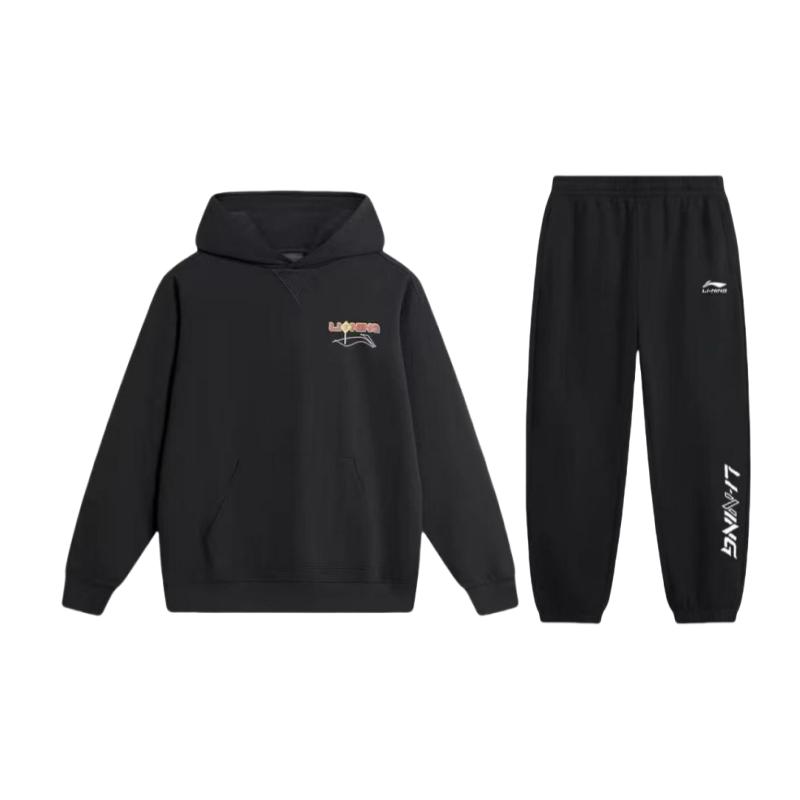 Li Ning Letter Print Pullover Loose Hooded Drop Shoulder Long Sleeve Elastic Waist Long Pants Casual Sports Suit Unisex suit Black AWDU133-4+YKLU208-1