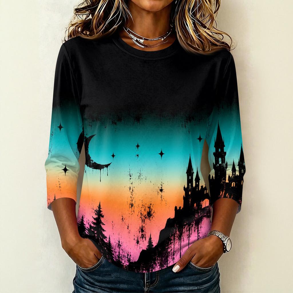 Women's Casual Crew Neck Three Quarter Sleeve Halloween Print T Shirt Top Lightweight Comfortable Fit Suitable for Daily Wear
