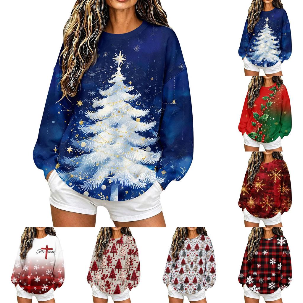 Felpa con stampa natalizia da donna, casual, a maniche lunghe, pullover
