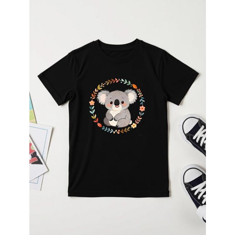 European sizes   Cute Koala Print T-Shirt Boys & Girls - Summer Short Sleeve Round Neck Casual Top with Koala Bear & Eucalyptus Leaf Patterns 98cm чёрный