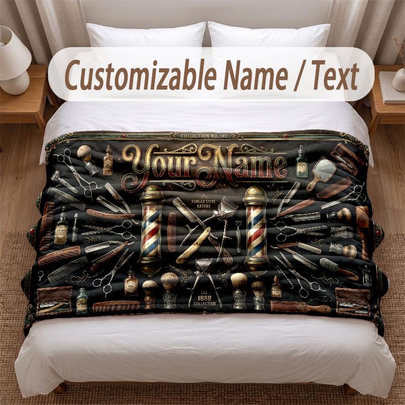 Barber Salon Theme Soft Blanket Personalized Custom Name Text Print Warm Blanket Home Sofa Bedroom Decor