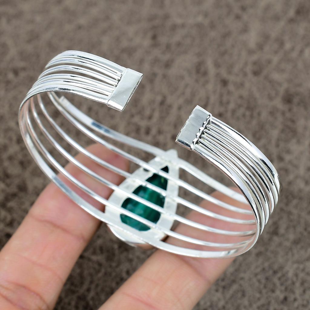 Malachite Gemstone Handmade 925 Sterling Silver Cuff Bangle Adjustable KKG-173