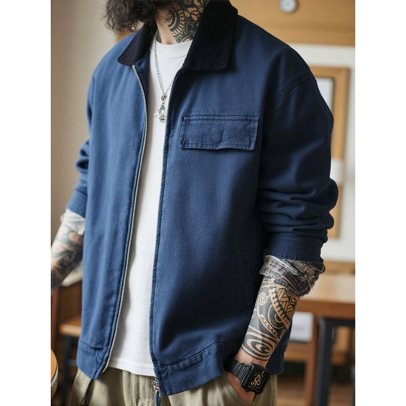 Retro Heavy-Duty Pure Cotton Tough Guy Workwear Jacket for Men, Spring and Autumn Turn-Down Collar Foreign Trade Men's Motorcycle Canvas Jacket