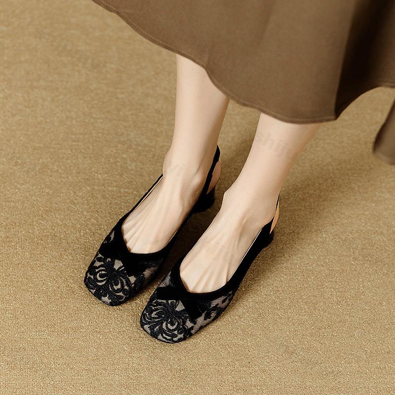 Fashion Elegant Bow Embroidered Design Back Strap Casual Sandals for Women 2025 Summer New Mesh Breathable Comfortable Square Head Pumps
