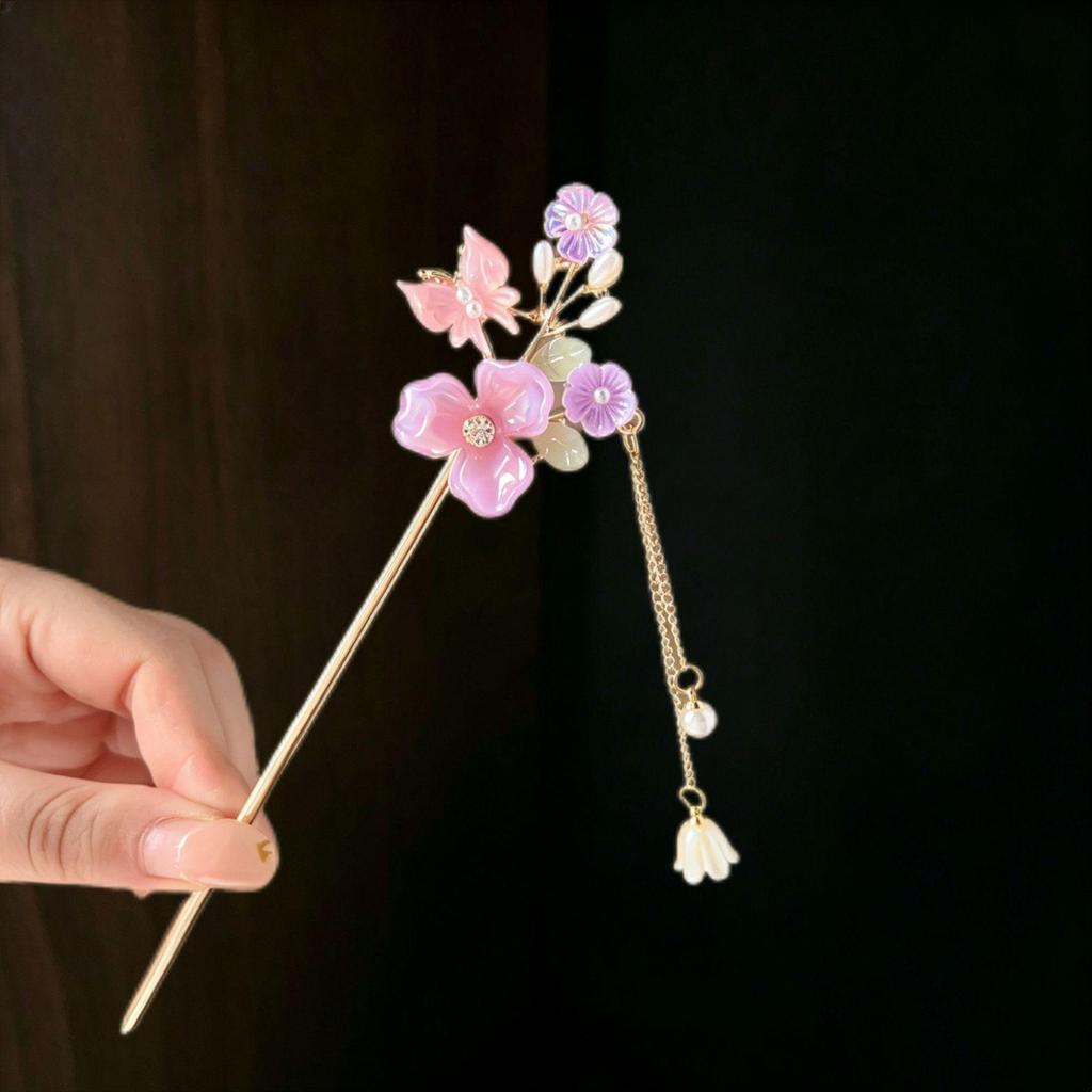 Three-Flower Butterfly Updo Hairpin – Elegant Women's Ancient Style Xiuhe Hair Accessory