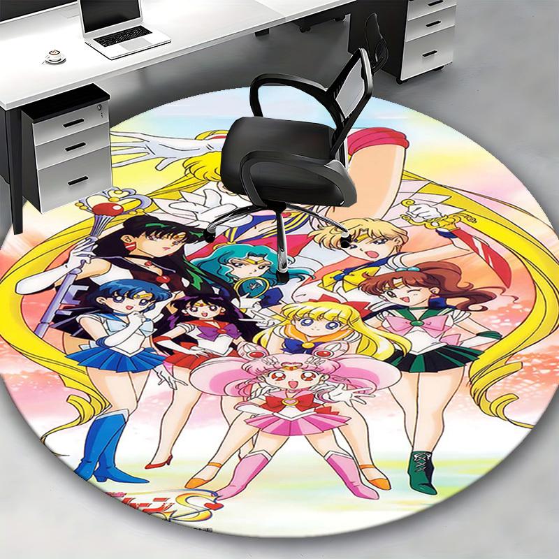 1pc Sailor Moon Anime Cartoon Design Round Carpet Office Chair Mat, NonSlip Rug for Home Decor, Living Room, Bedroom, Game Room