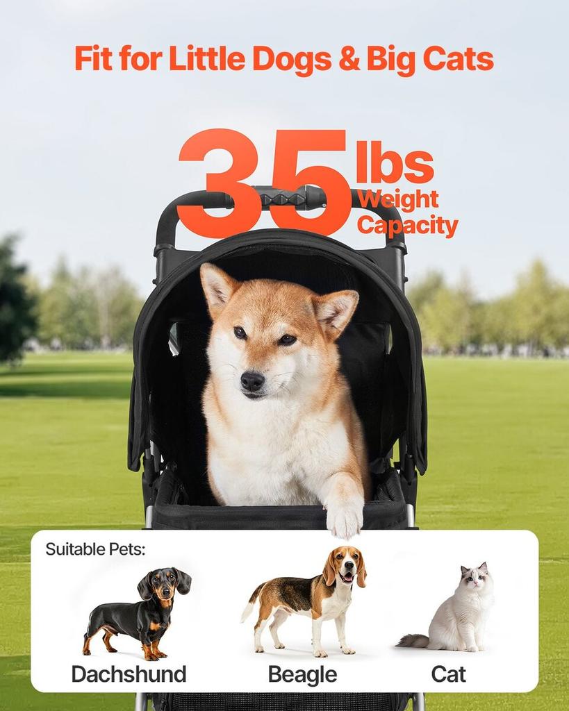 Pet Stroller Foldable 3 Wheels Travel Dog Stroller with Brake Up To 35lbs