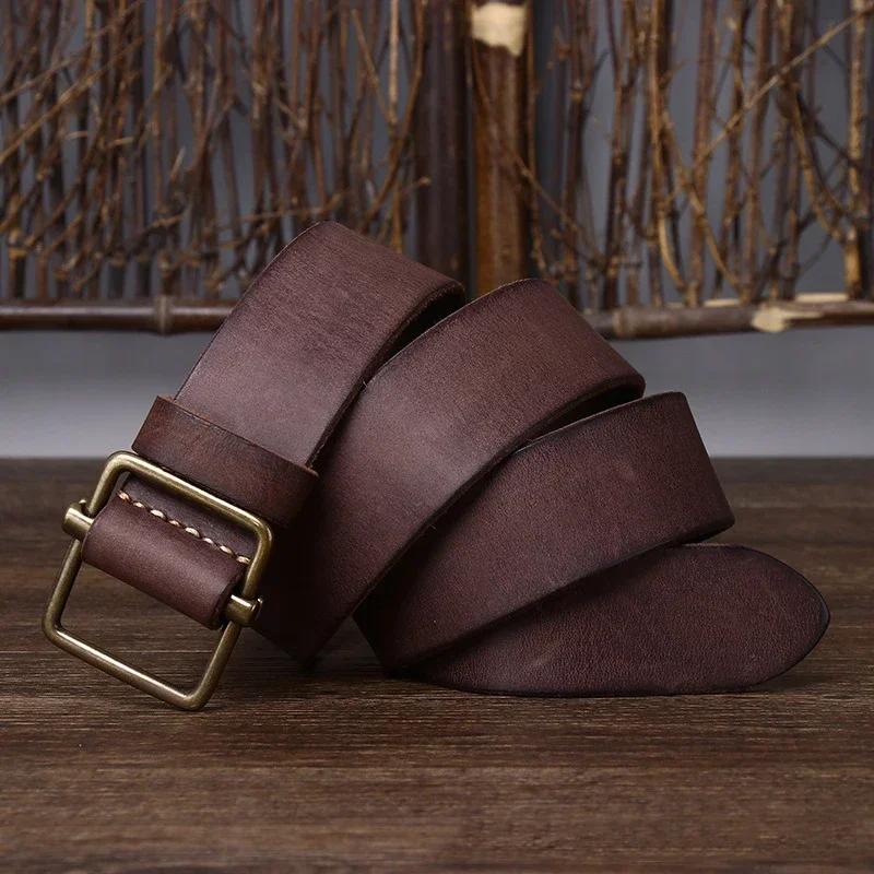 3.8 Breit Reines Rindsleder Echtes Leder für Herren Hochwertige Jeans Kein Bohren Glatte Schnalle Gürtel Cowboy Bund Männliche Mode