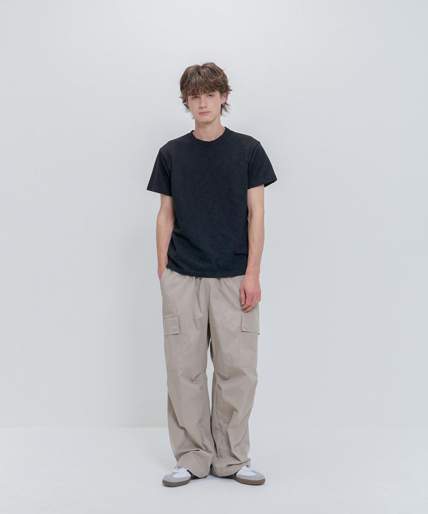 PSSHOPPER Semi-Crop Slub Vintage Short Sleeve T-Shirt [Black]