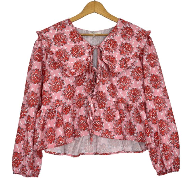 

Рубашка с принтом, милый кукольный воротник, женская свободная блузка в деревенском стиле со шнуровкой, длинный рукав, большой размер, хлопковый топ, лето L красный