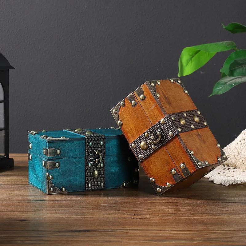 Treasure Chest Jewelry Box Solid Wood Vintage Design Handmade for Women Trinket Box Photo Props Storage Box Decorative Trunk