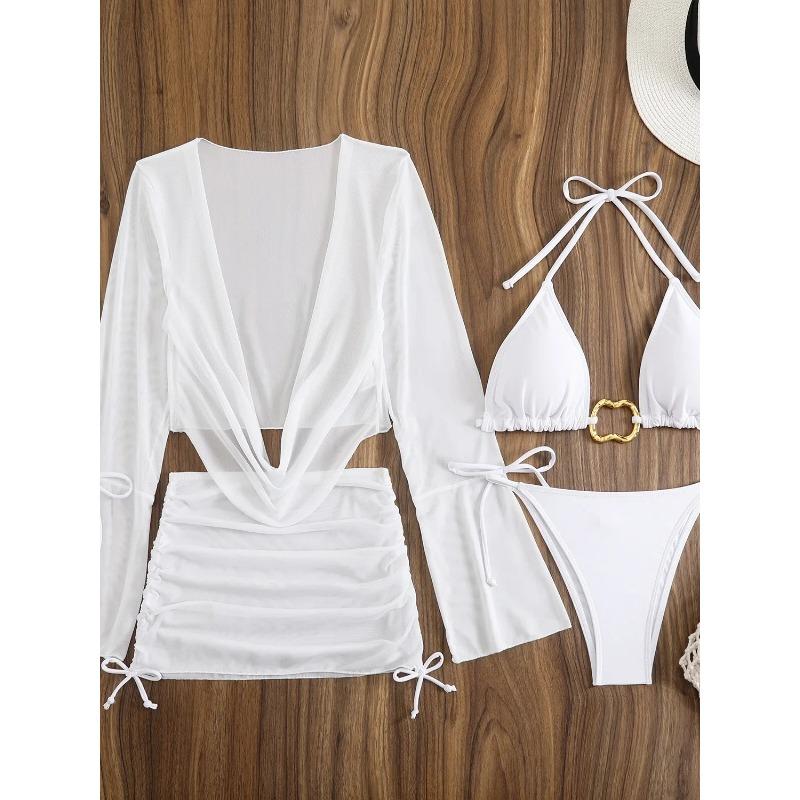 Sexy Weiß Schwarz 4-teilige Bikini-Sets Damen Langarm Mesh Cover-Up Rock Badeanzug Strand Badeanzug Urlaubsbademode Biquini