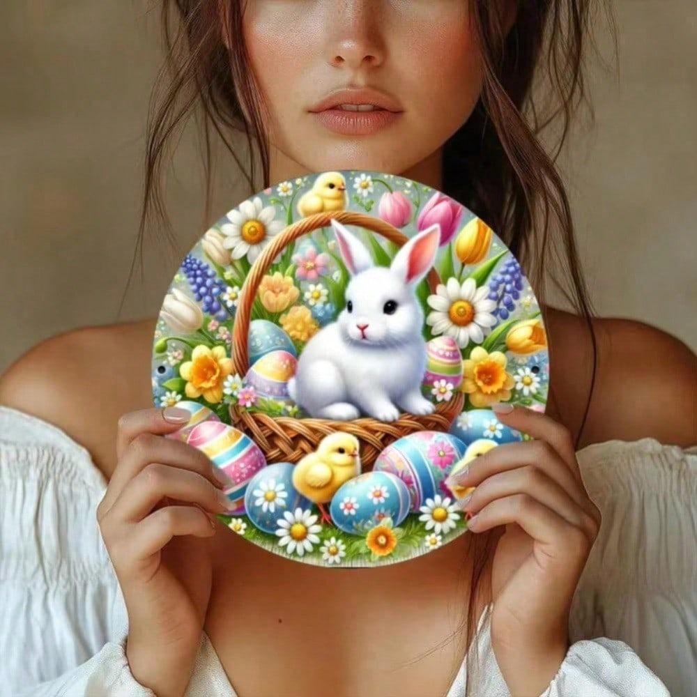 Panier de lapin de Pâques vintage Plaque murale ronde en métal Décoration de maison de ferme Jardin Café Art en fer Montage sur porte Salon