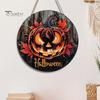 Fall Seasonal Door Hanger Halloween Wooden Sign, Flame Pumpkin Maple Leaf Printed Round Hanging Plaque, Wall for Shop Window Waterproof Decorative